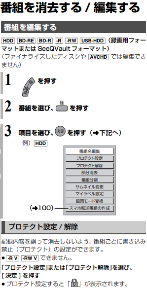 【TZ-BT9000BW（4KSTBブルーレイタイプ）】番組を消去する/編集する