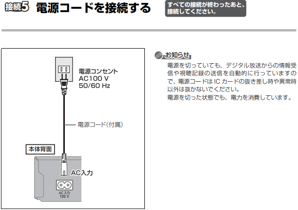 【4KSTBブルーレイタイプ(TZ-BT9000BW)】電源コードを接続する