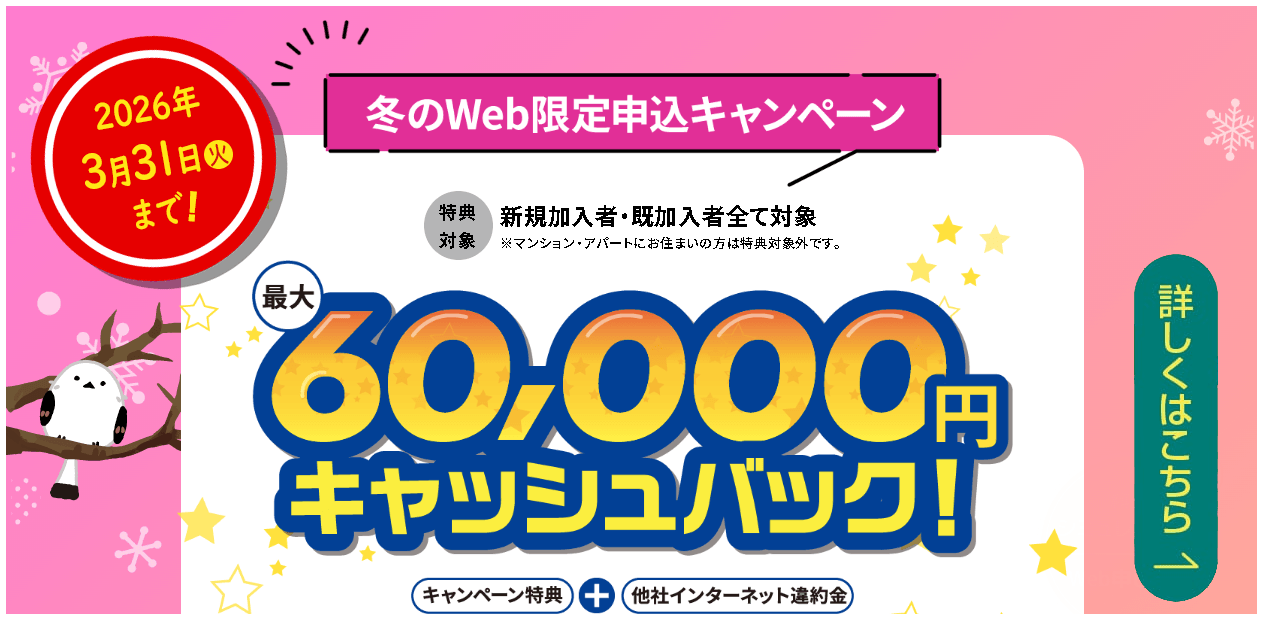 冬のWeb限定申し込みで最大60,000円キャッシュバックキャンペーン