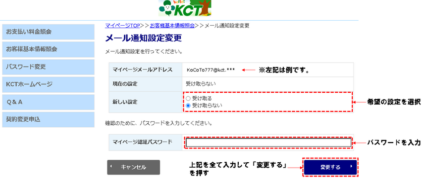 ⑤メール通知設定変更の画面が表示されたら、新しい設定の欄にある[受け取る・受け取らない]ボタンを選択します。⑥その後「マイページ認証パスワード」欄にパスワードを入力して、[変更する]ボタンをクリックします。