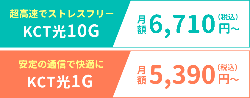 【KCT光10G】月額6,710円～（税込）、【KCT光1G】月額5,390円～（税込）