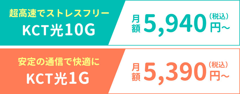 【KCT光10G】月額5,940円～（税込）、【KCT光1G】月額5,390円～（税込）